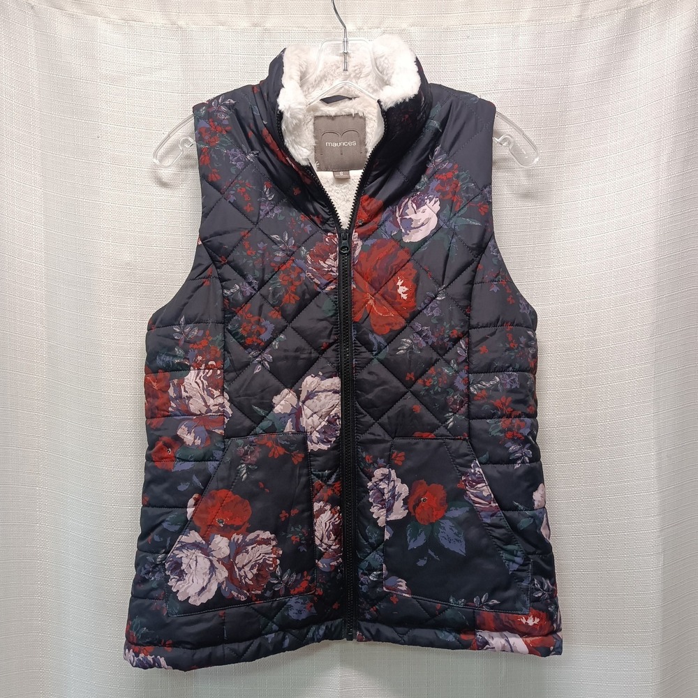 Maurices Women's S Navy Floral Faux Fur Lined Quilted Puffer Ski Vest Full Zip - Picture 1 of 5